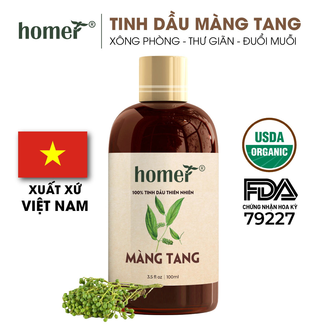 Tinh dầu thiên nhiên Màng Tang Homer - Dung tích 20ml / 100ml/ 500ml/ 1000ml - Đạt chuẩn kiểm định cao cấp - An toàn cho sức khỏe - Đa công dụng