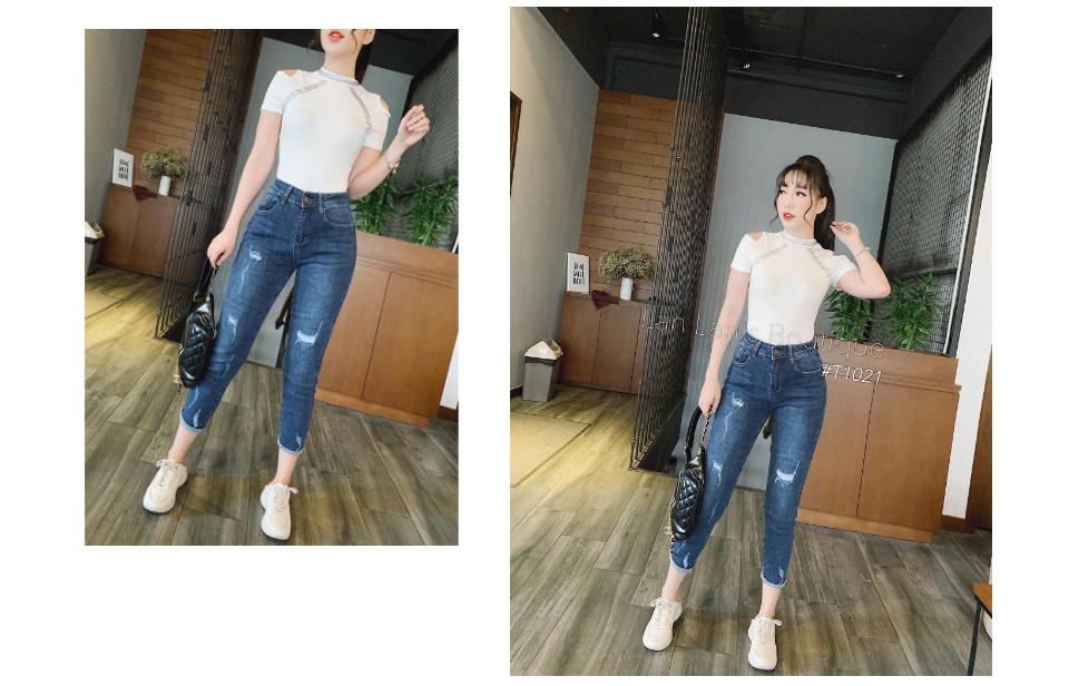 Mua Quần Jeans Nữ Rách Màu Xanh Nhạt Lưng Cao Co Giãn hàng chính hãng |  MamaShop.Vn