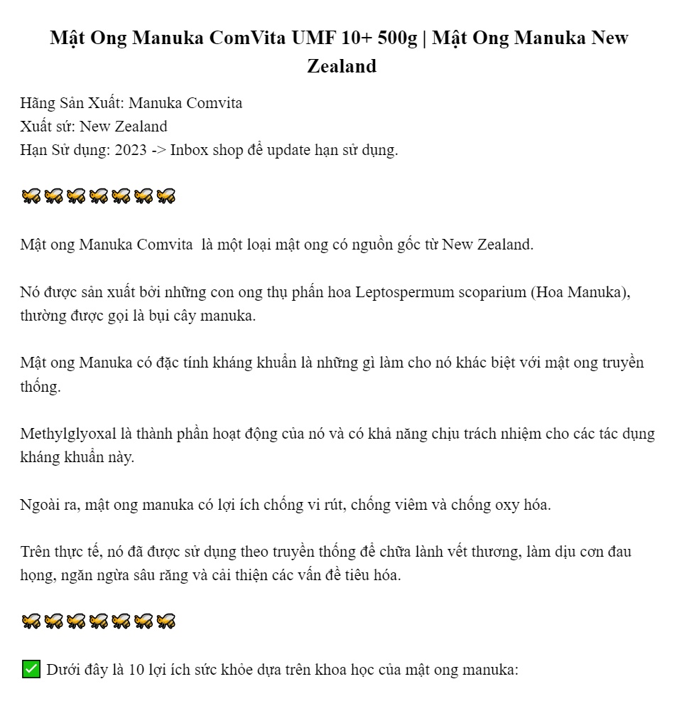 ✅ Mật Ong Manuka ComVita UMF 10+ 500g Mật Ong Manuka New Zealand