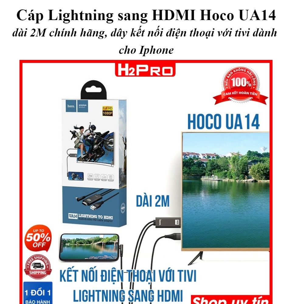 Cáp Lightning sang HDMI Hoco UA14 H2Pro dài 2M chính hãng, dây kết nối điện  thoại với tivi dành cho Iphone