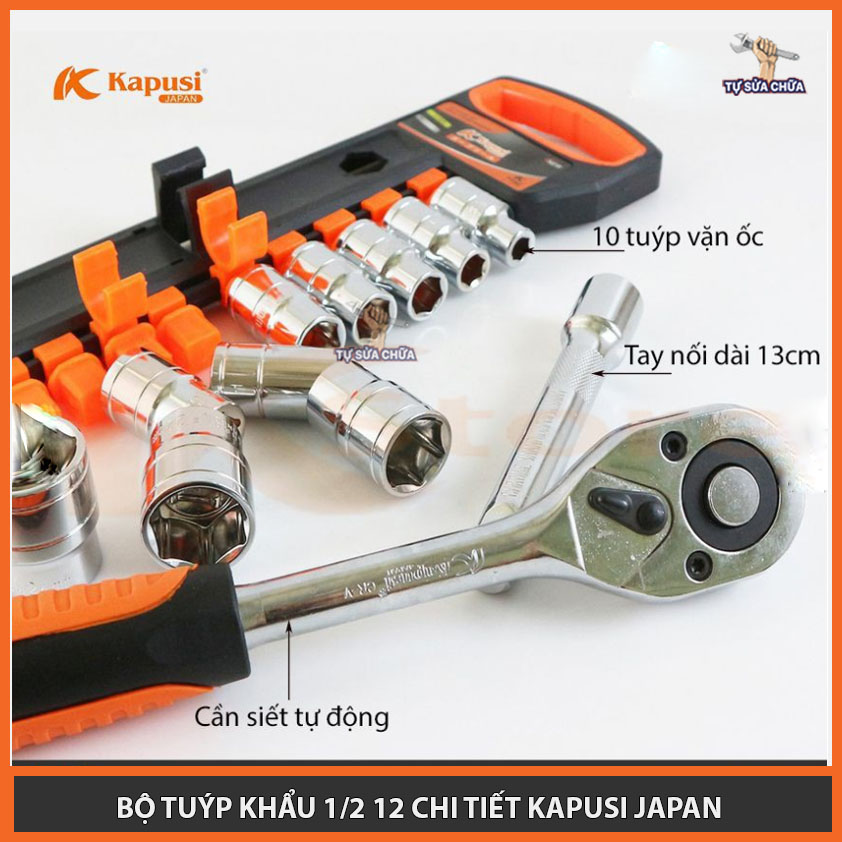Bộ tuýp khẩu 12 chi tiết kèm cần siết tự động 2 chiều chính hãng Kapusi, Bộ tuýp khẩu 1/2, Bộ tuýp khẩu 1/4 Tuýp mở bulong, Bộ điếu mở ốc, Bộ khẩu mở siết ốc, Bộ tuýp Nhật Bản, Bộ tuýp sửa xe máy