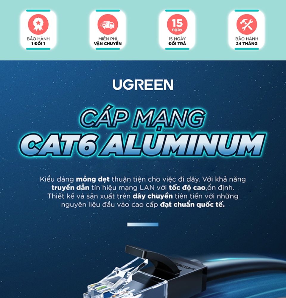 Cáp mạng Cat6 UTP 26AWG CCA UGREEN NW102 sử dụng trên các mạng Ethernet / RJ45 Cáp mạng Cat6 UTP 26AWG CCA UGREEN NW102 sử dụng trên các mạng Ethernet / RJ45