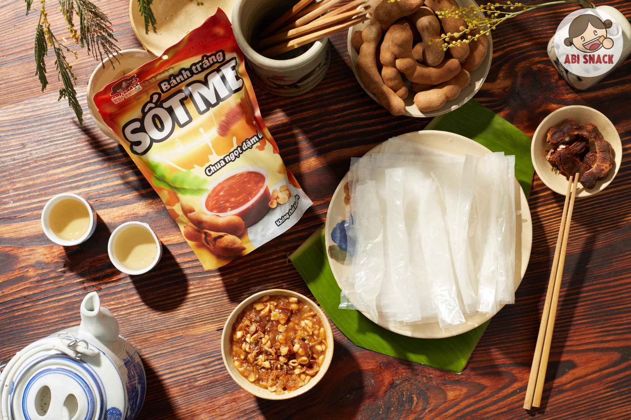 Bánh tráng me Abi chính hãng, mua 3 bịch tặng gói khăn giấy