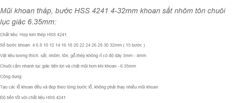 Mũi khoan tháp bước HSS 4241 4-32mm khoan sắt nhôm tôn chuôi lục giác