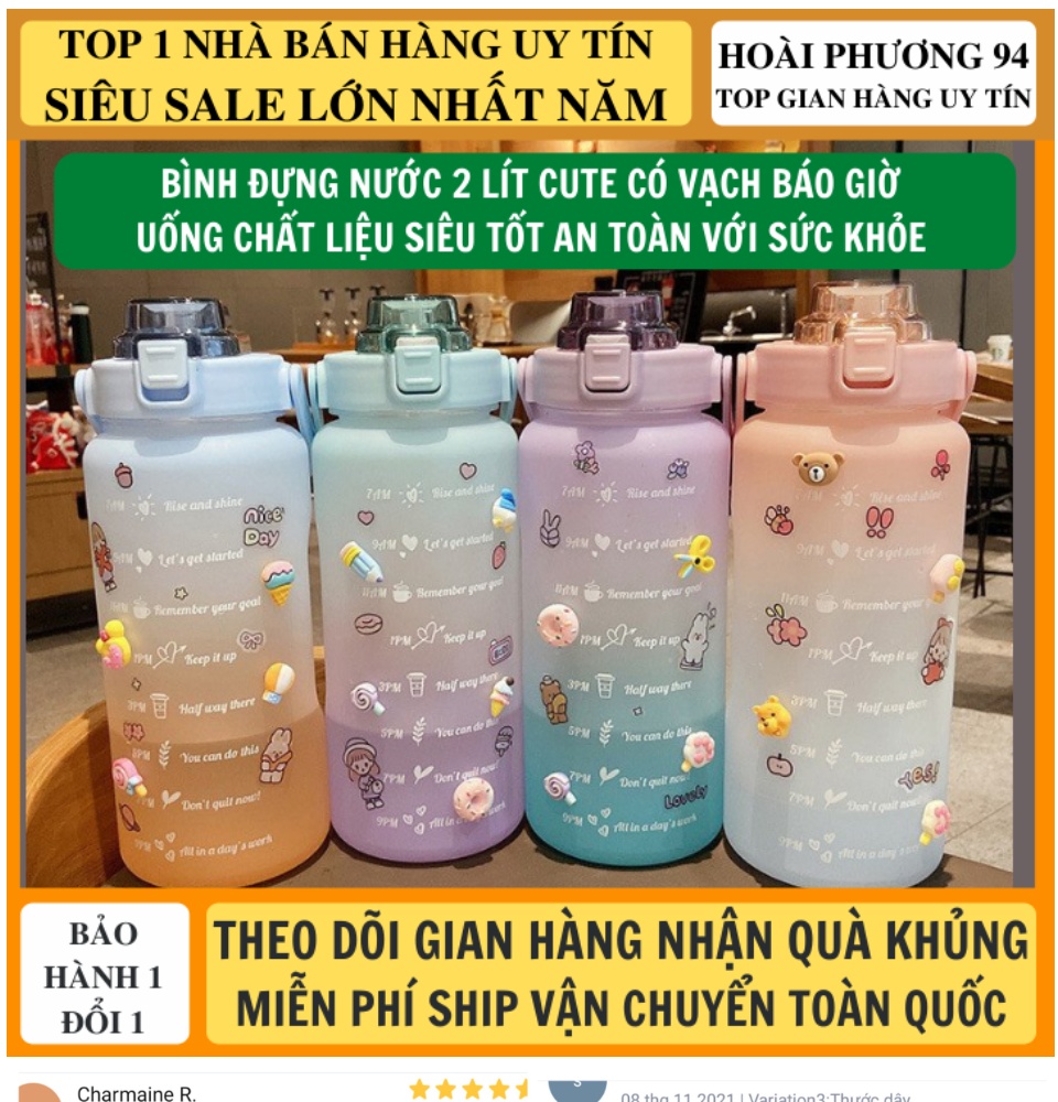 Bình Nước 2 Lít Nữ Cute Tặng Kèm Sticker Có Vạch Báo Giờ Uống Nước Tiện Lợi Chất Liệu Tốt An Toàn Cho Sức Khỏe, bình nước cute nữ, bình đựng nước 2 lít, bình đựng nước, bình giữ nhiệt 2 lít 1
