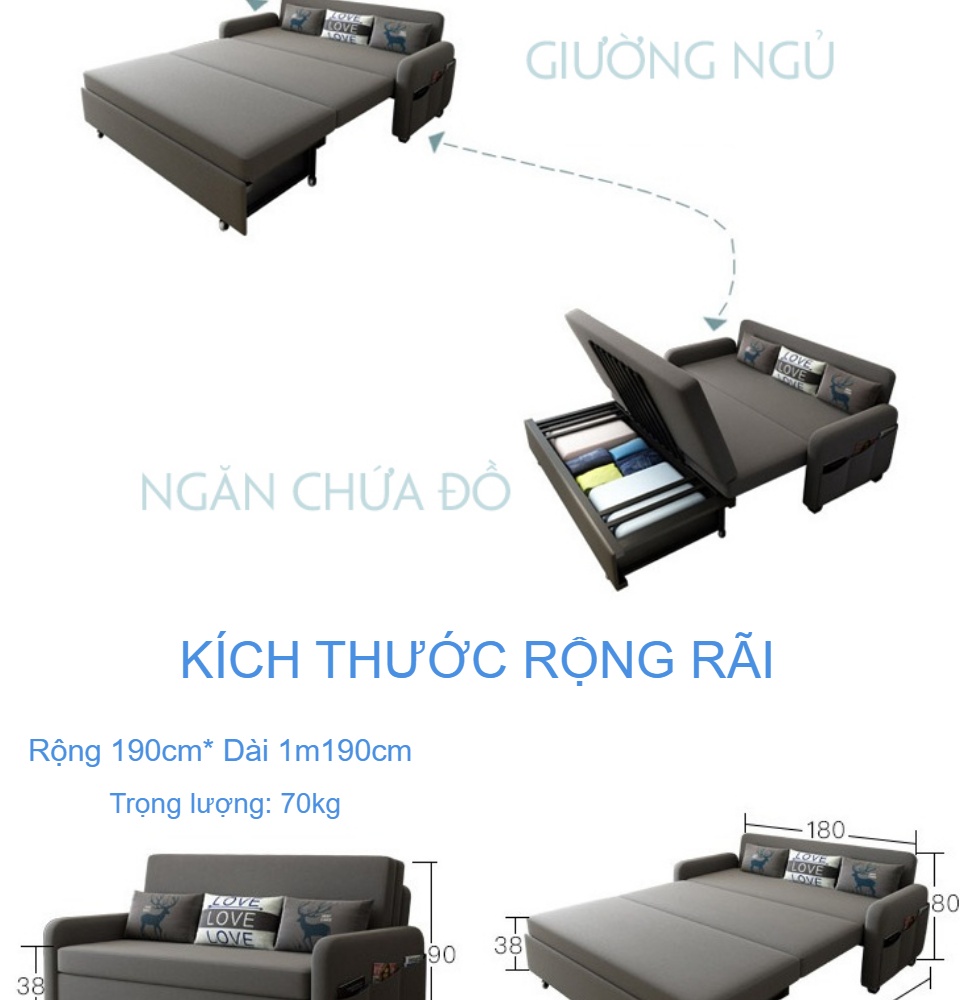 Giường ngủ thông minh gấp gọn thành ghế sofa Vinta A267-3  1m90 x 1m90cm