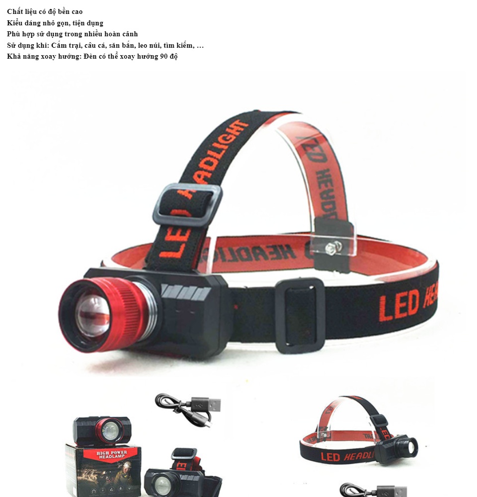Đèn đội đầu headlamp sạc USB Pin Trâu, Gía Rẻ