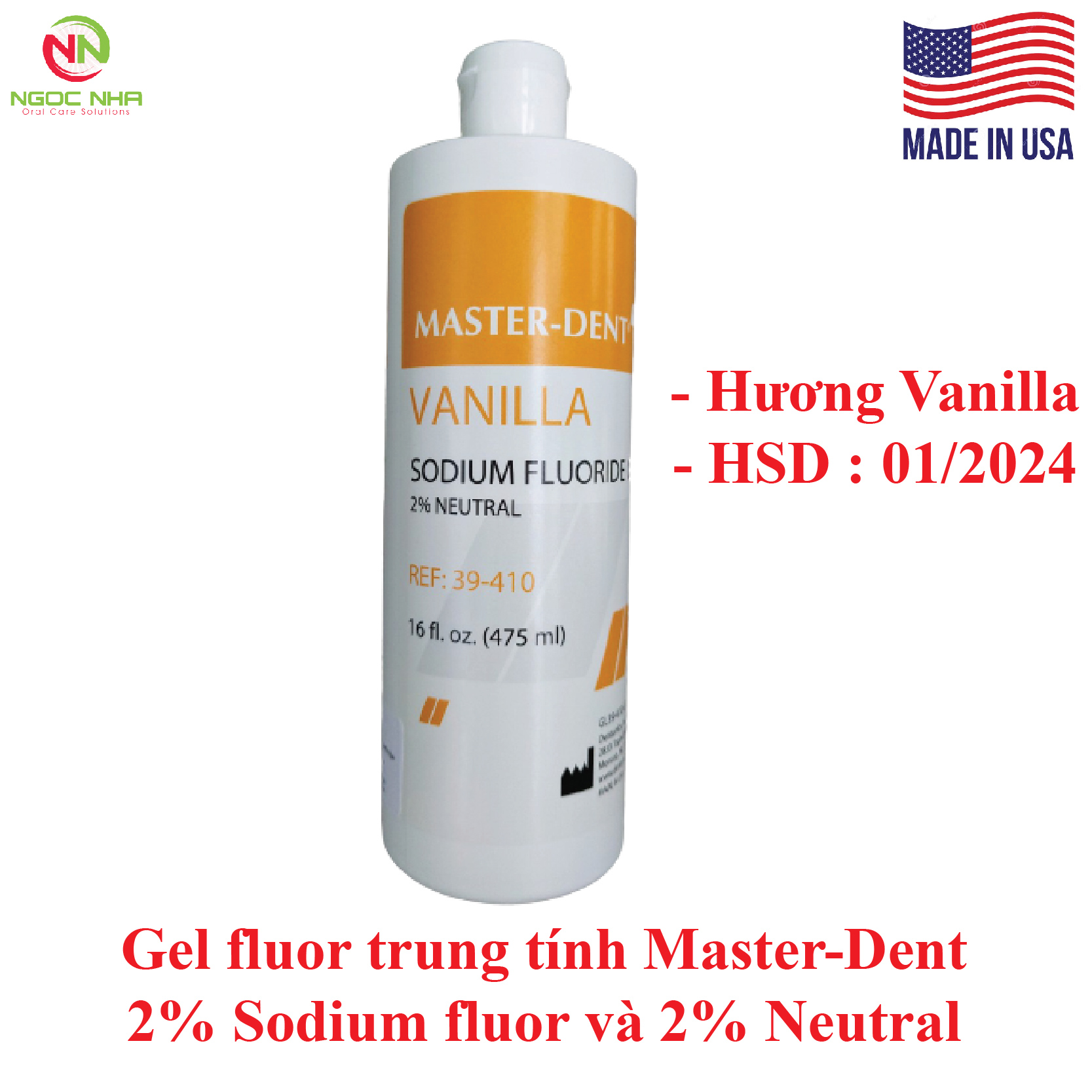 Gel ngậm fluor trung tính Master Dent 2% Sodium flour và 2% Neutral hương Vanilla ngừa sâu răng giảm ê buốt, gel flour dung tích 475ml