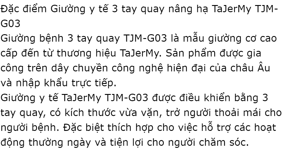 Giường bệnh nhân 3 tay quay TAJERMY TJM-G03 Chính hãng- Công nghệ Đức, nâng hạ chân, hợp kim nhôm cao cấp, nệm xơ dừa 2 lớp, bảo hành 36 tháng,hỗ trợ các hoạt động thường ngày và tiện lợi cho người chăm sóc 59 Giường bệnh nhân 3 tay quay TAJERMY TJM-G03 Chính hãng- Công nghệ Đức, nâng hạ chân, hợp kim nhôm cao cấp, nệm xơ dừa 2 lớp, bảo hành 36 tháng,hỗ trợ các hoạt động thường ngày và tiện lợi cho người chăm sóc