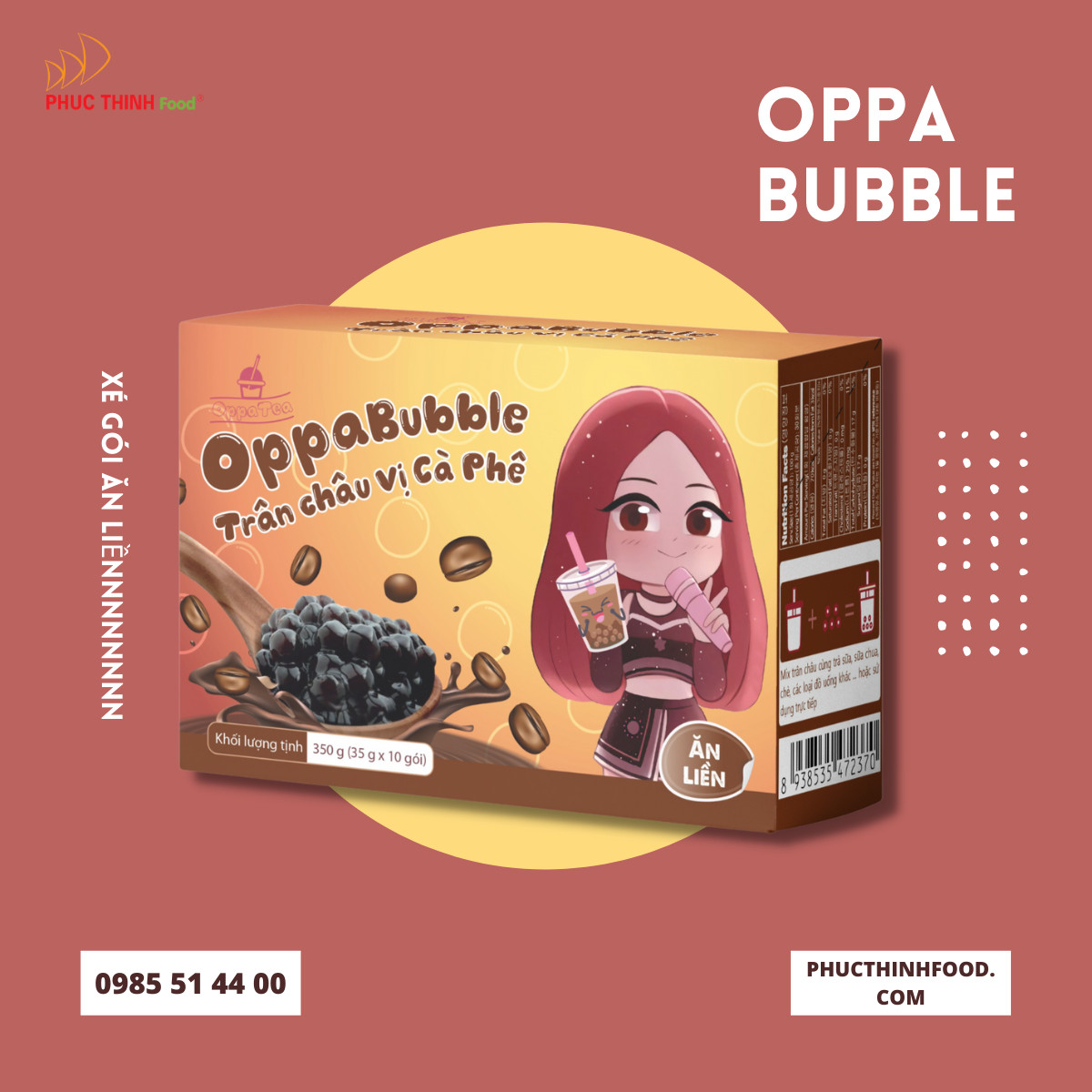 Trân Châu Oppa Bubble Ăn Liền Hộp 350g Topping Giòn Dai Nguyên Liệu Trà Sữa Pha Sẵn 4 Vị