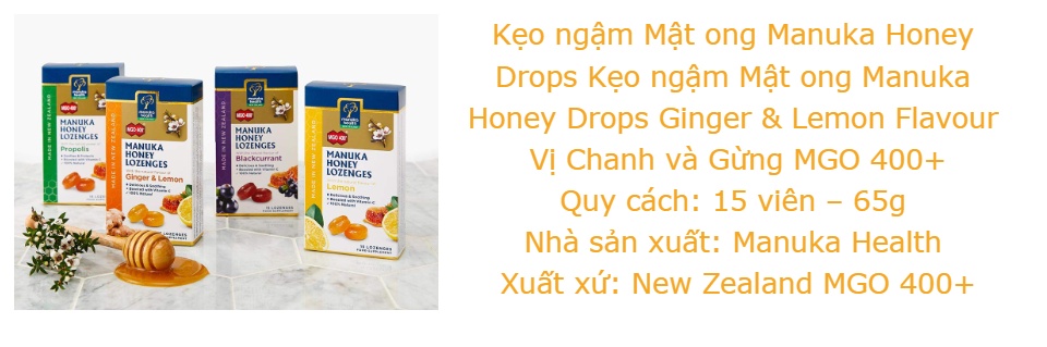 Kẹo ngậm Mật ong Manuka Honey Drops Ginger & Lemon Flavour Vị Chanh và Gừng MGO 400+