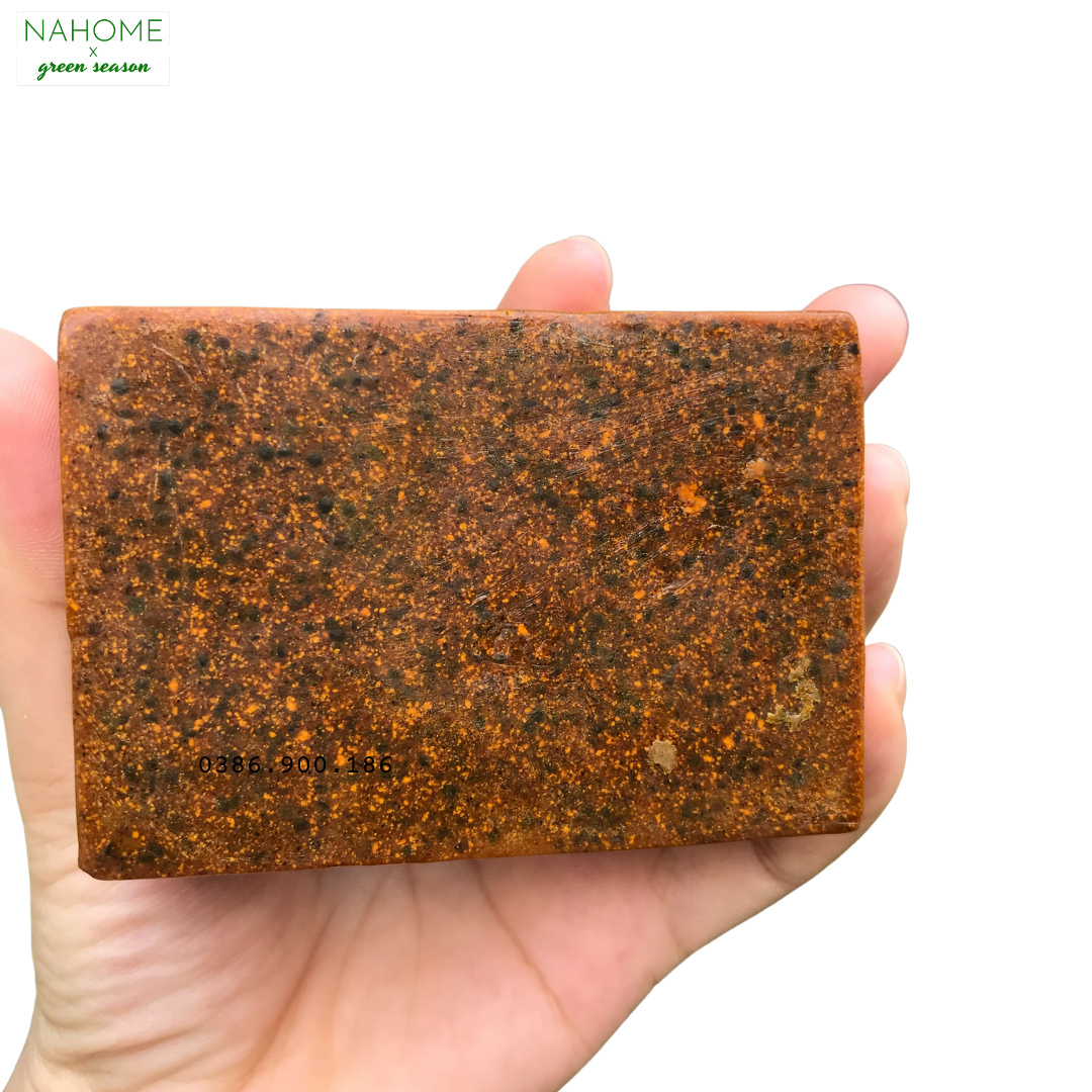 Xà bông bồ hòn Cốm Nghệ Tía Tô, giảm mụn, mờ thâm nám, dưỡng sáng da, phù hợp với da khô, mùi hương thảo, dạng bánh 120gr - Xà phòng Bồ hòn bếp xanh, dùng rửa mặt và tắm, đã được kiểm định chất lượng Nahome