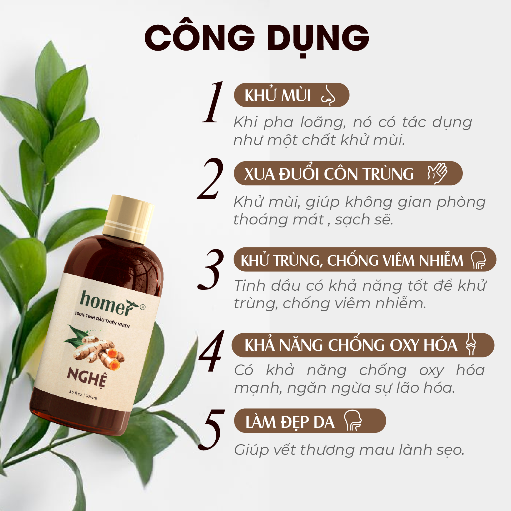 Tinh dầu thiên nhiên Nghệ Homer - Dung tích 20ml / 100ml - Đạt chuẩn kiểm định cao cấp - An toàn cho sức khỏe - Đa công dụng