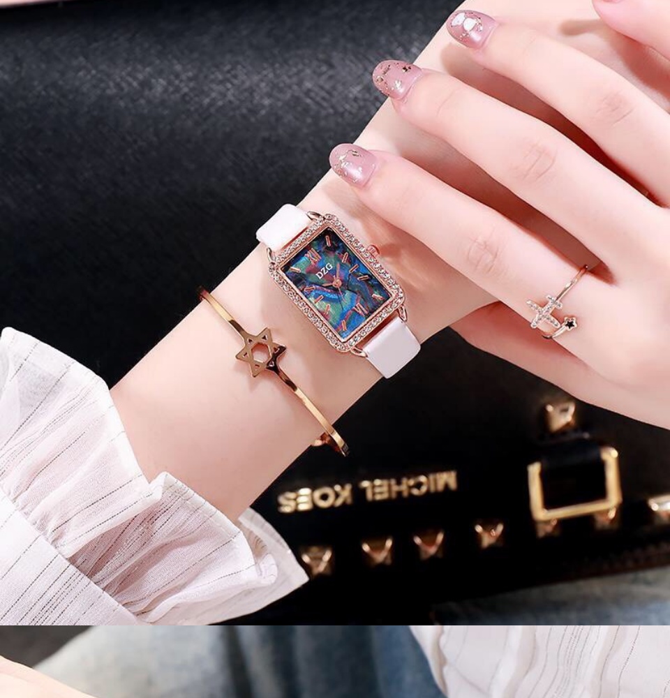 Đồng hồ thời trang nữ DZG 161, dây da mềm chắc chắn, mặt hình chữ nhật viền đính đá cực xinh, bảo hành 6 tháng 16