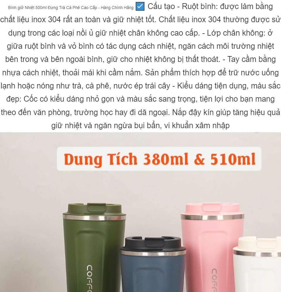 (Giữ nhiệt 8h) Cốc giữ nhiệt Coffee Holic 500ml