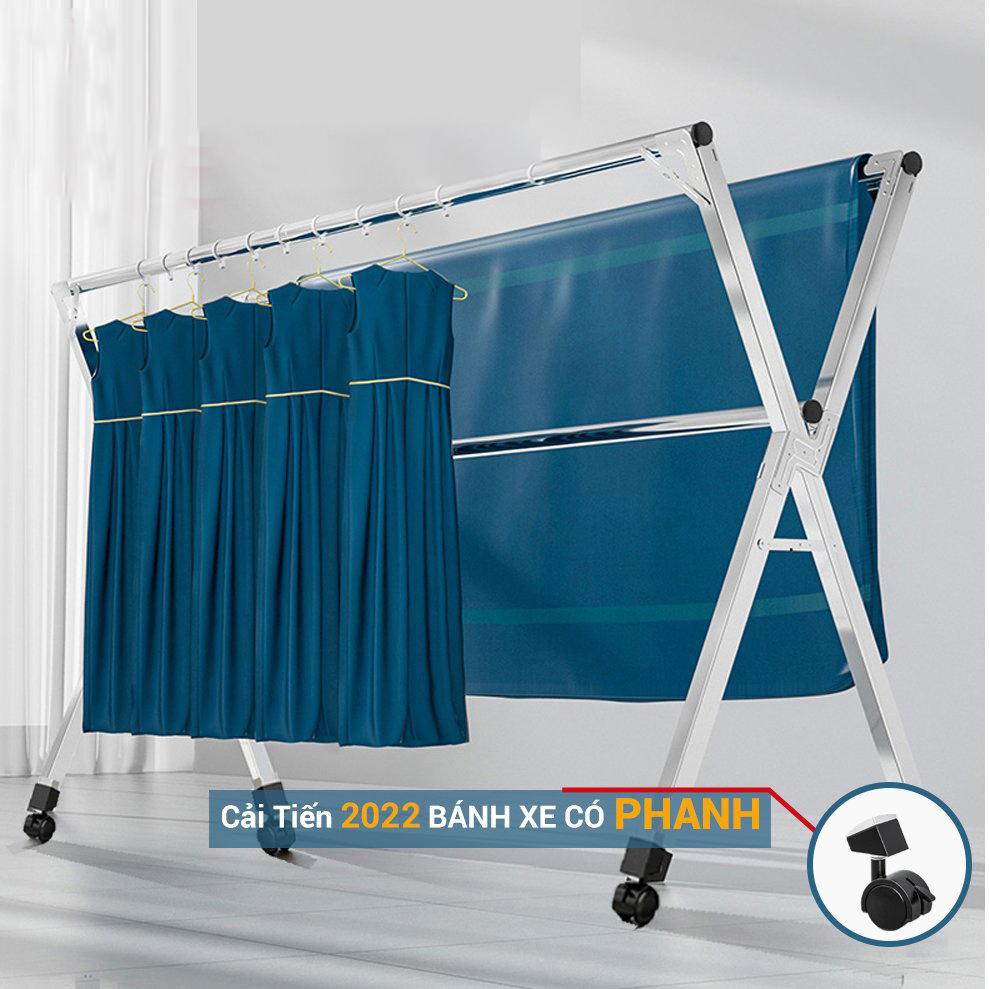 Thanh Lý Giàn Phơi Đồ có Bánh Xe Bị móp do vận chuyển, Loại Khung Phơi Kèm Giá Sào Thông Minh, Cây INOX Treo Quần Áo
