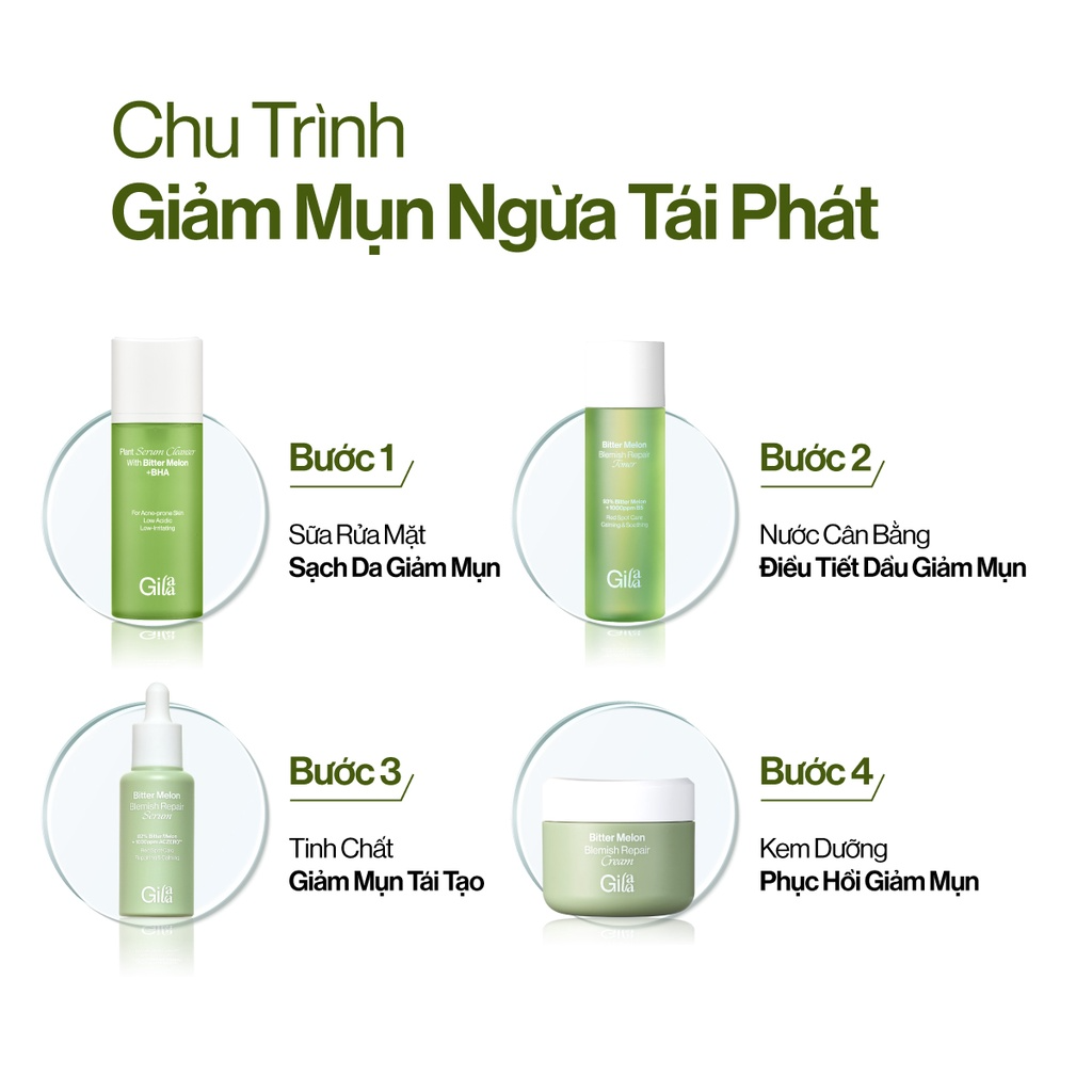 Bộ 4 Sản Phẩm làm sạch, giảm mụn, ngừa thâm & ngăn ngừa mụn tái phát GILAA BITTER MELON BLEMISH REPAIR