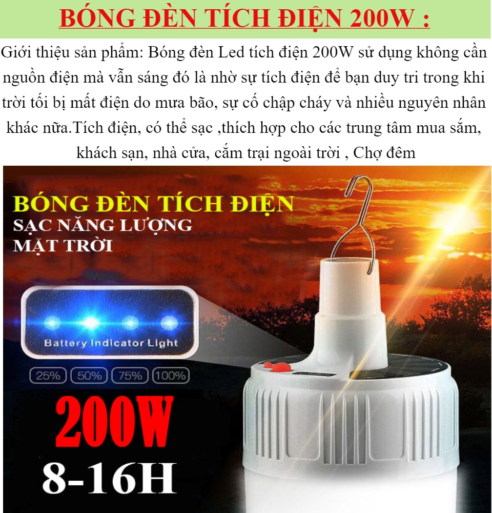 Bóng Đèn Tích Điện 200W Bóng Đèn Năng Lượng Mặt Trời 24 LED 4 Chế Độ Sử Dụng Cho Đi Du Lịch Qua Đêm Hàng Chính Hãng Cao Câp - Bảo Hành Toàn Quốc 1 Đổi 1 Bởi Nhà Bán Hàng Mega big 5.0