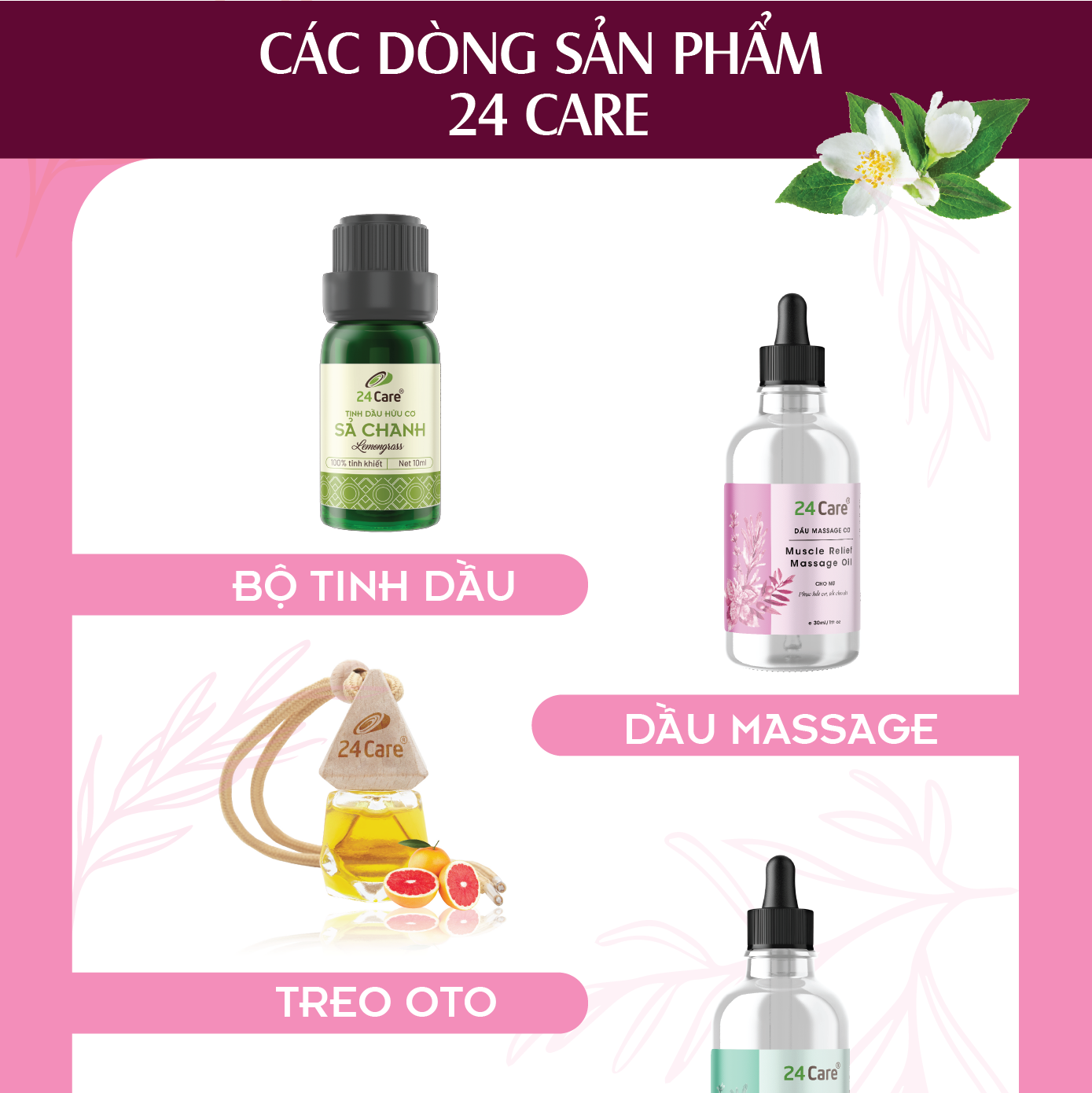 Tinh dầu thiên nhiên Hoa Anh Đào 24Care 10ml/100ml - xông phòng, chăm sóc tóc và da