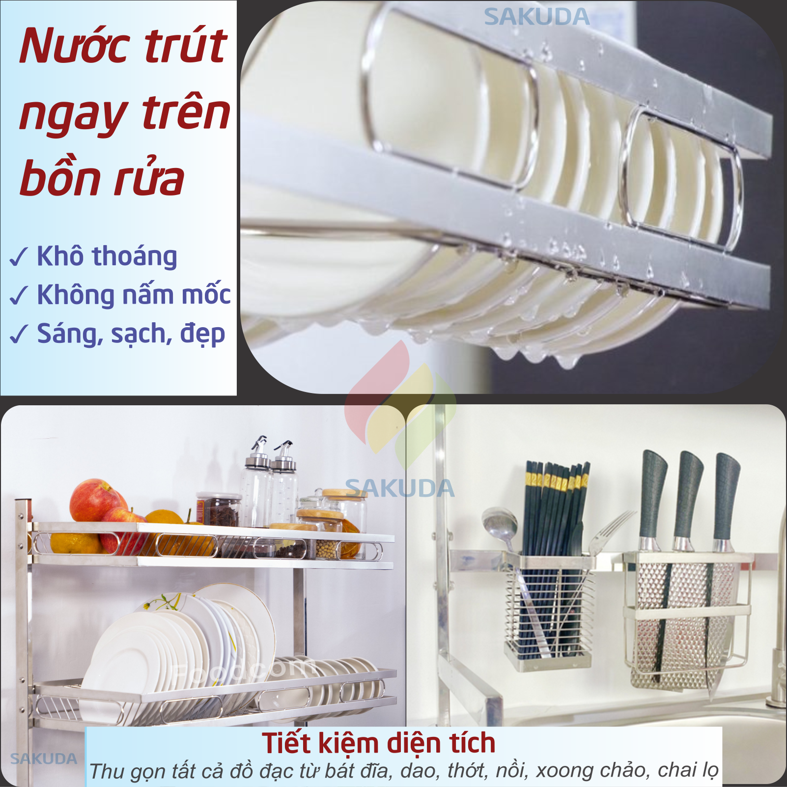 Kệ Úp Chén Bát Inox Foodcom - Kệ Chén Đa Năng Inox Để Trên Bồn Rửa - Kệ Để Chén Loại 1 tầng, Size 86cm - Hàng Chính Hãng, Bảo Hành 12 Tháng