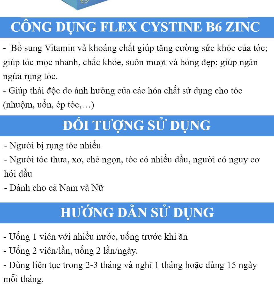 FLEX CYSTINE B6 ZINC - Viên uống chống rụng tóc đồng thời giúp mọc tóc nhanh trở lại và bóng mượt hơn cvspharmacy