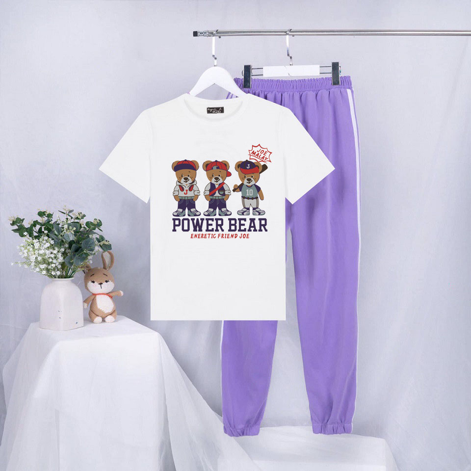 Sét Bộ Đồ Quần Áo Hè Ulzzang Nữ In 3D Cầu Thủ Power Bear Mặc Đi Chơi Cá Tính, Áo Màu Trắng Cotton Organic Kèm Quần Bo Thun Gấu Phong Cách