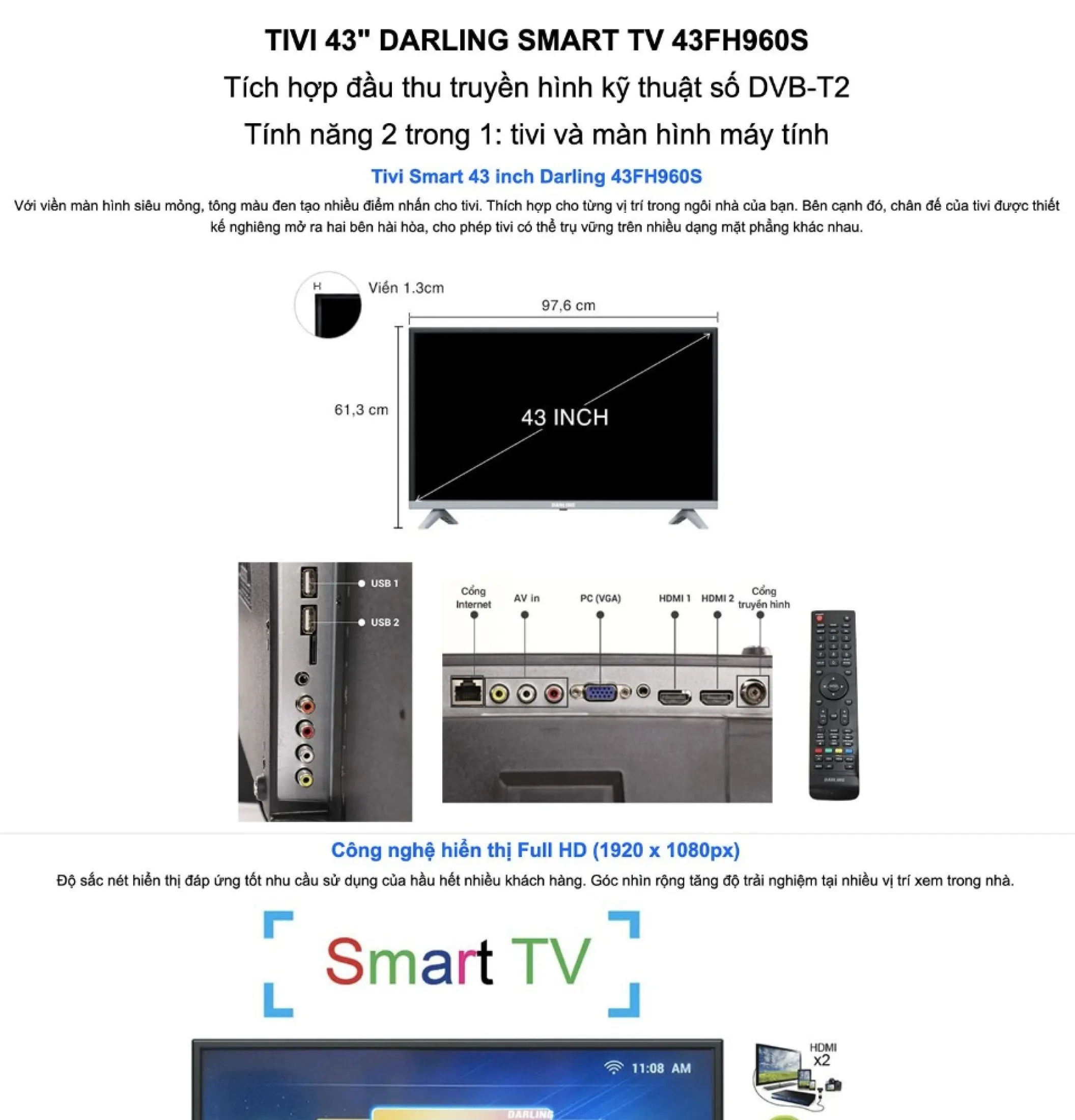 [Sản Phẩm Mới] Smart Tivi Darling 43 inch Full HD - Model 43FH960S Android Tích hợp DVB-T2 Wifi Tivi Giá Rẻ - Bảo Hành 2 Năm