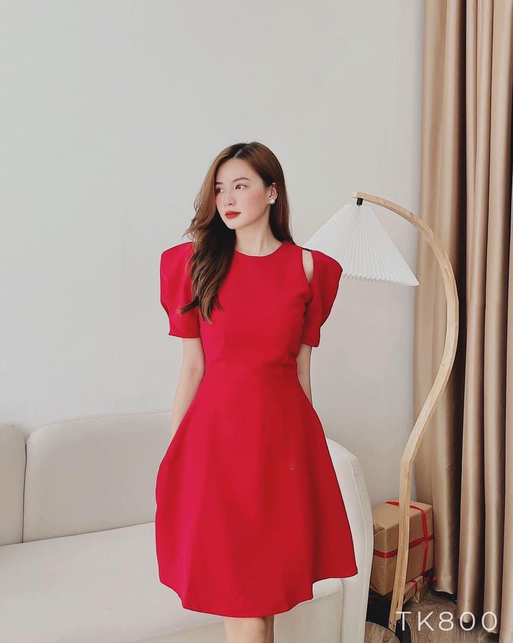 Áo dài tết màu đỏ cổ đan tông tà xẻ HL23-13 | Thời trang công sở K&K Fashion
