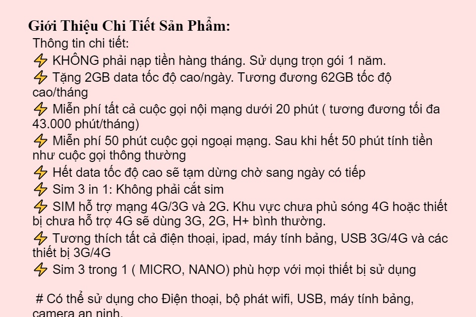 Sim 4G Vinaphone D60G-12T (miễn phí 62GB tháng +43000 phút) x 12 tháng .Trọn gói 1 năm không cần nạp tiền 1