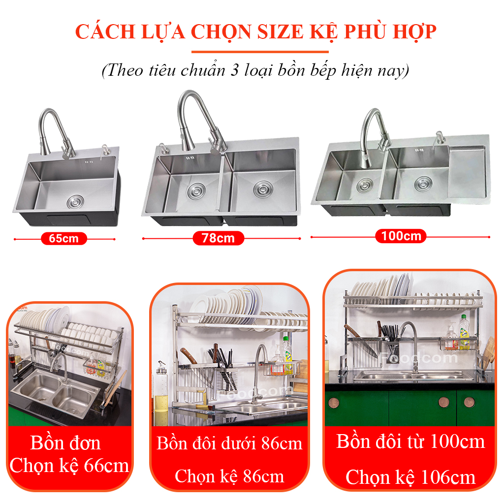 Kệ Úp Chén Bát Inox Foodcom - Kệ Chén Đa Năng Inox Để Trên Bồn Rửa - Kệ Để Chén Loại 1 tầng, Size 86cm - Hàng Chính Hãng, Bảo Hành 12 Tháng