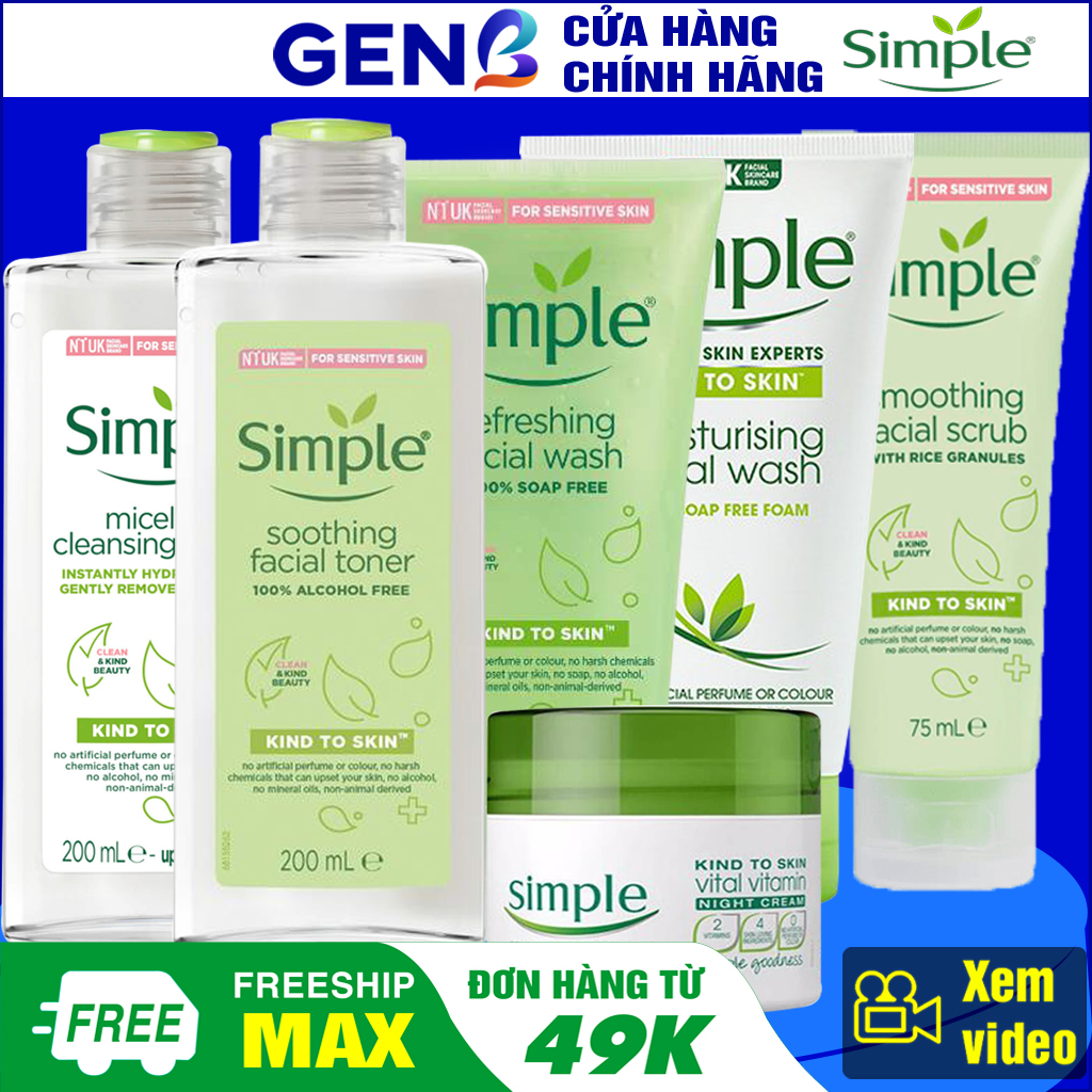 Bộ Sản Phẩm Chăm Sóc Da Simple Skincare CHÍNH HÃNG- Sữa Rửa Mặt Simple Da Dầu Mụn, Srm Da Khô, Nước Tẩy Trang, Nước Hoa Hồng Toner Simple cho Da hỗn hợp/nhạy cảm, Kem Dưỡng Ẩm Da Mặt, Tẩy Tế Bào Chết, Combo Simple Mỹ Phẩm GENB