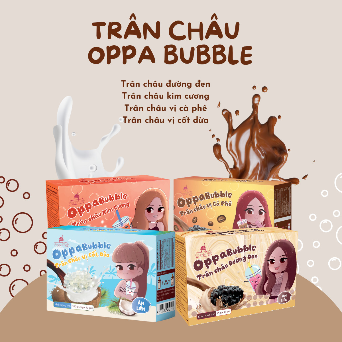 Trân Châu Oppa Bubble Ăn Liền Hộp 350g Topping Giòn Dai Nguyên Liệu Trà Sữa Pha Sẵn 4 Vị