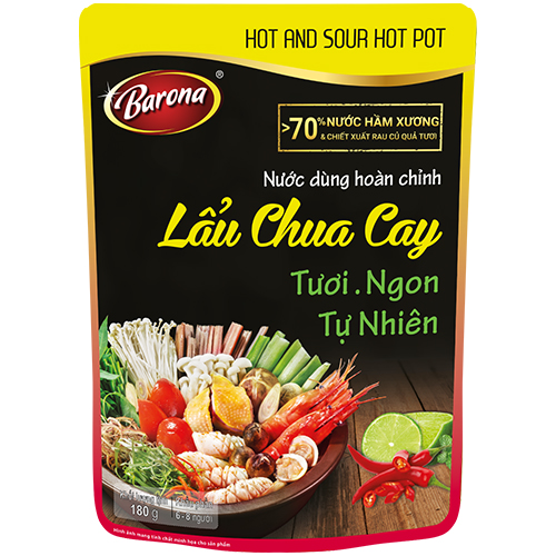 Nước Dùng Lẩu Chua Cay Barona 180g tươi ngon chuẩn vị không cần nêm nếm