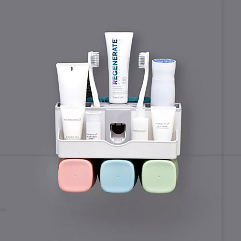 Kệ để đồ nhà tắm, treo bàn chải đánh răng, nhả kem tự động, tặng kèm 3 cốc, không cần khoan tường 9201